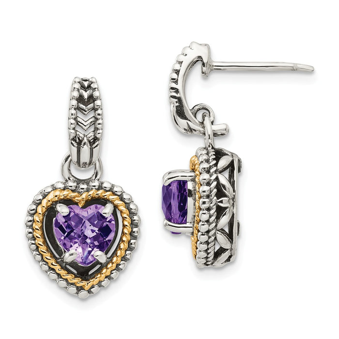 Sterling Silver with 14k Antiqued Amethyst Heart Post Dangle Earrings, 23mm x 12mm