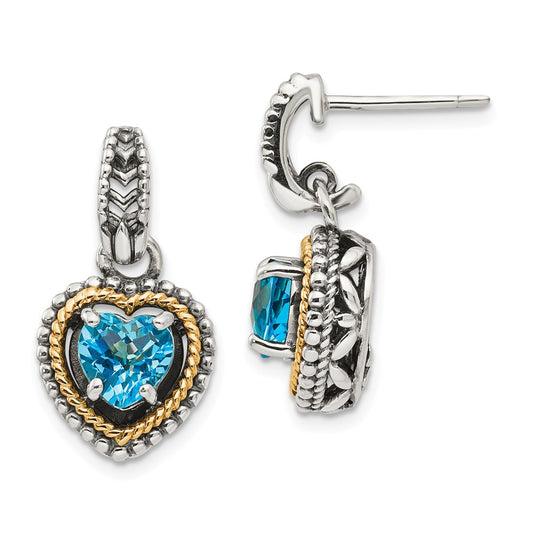 Sterling Silver with 14k Antiqued Blue Topaz Heart Post Dangle Earrings, 23mm x 12mm