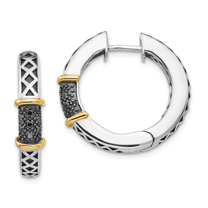 Sterling Silver with 14k Antiqued Black Diamond Hinged Hoop Earrings, 25mm x 25mm