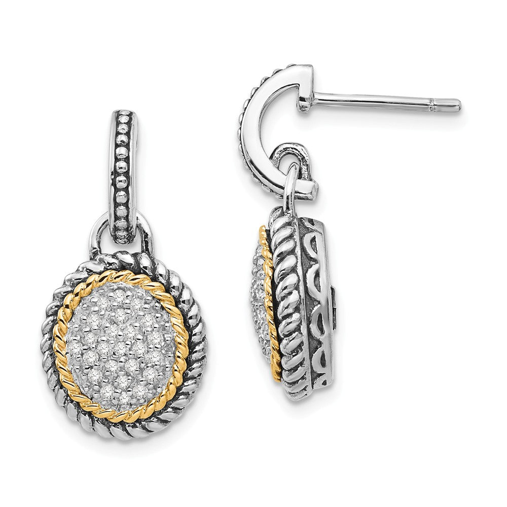 Sterling Silver with 14k Antiqued Diamond Post Dangle Earrings, 21mm x 12mm