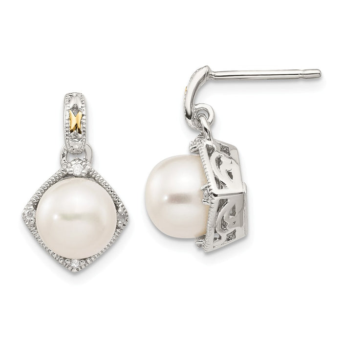 Sterling Silver with 14k Freshwater Cultured Pearl Diamond Post Earrings, 17mm x 11mm