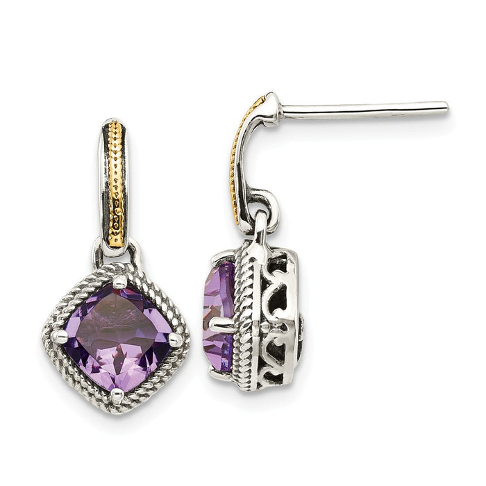 Sterling Silver with 14k Antiqued Amethyst Post Dangle Earrings, 17mm x 10mm