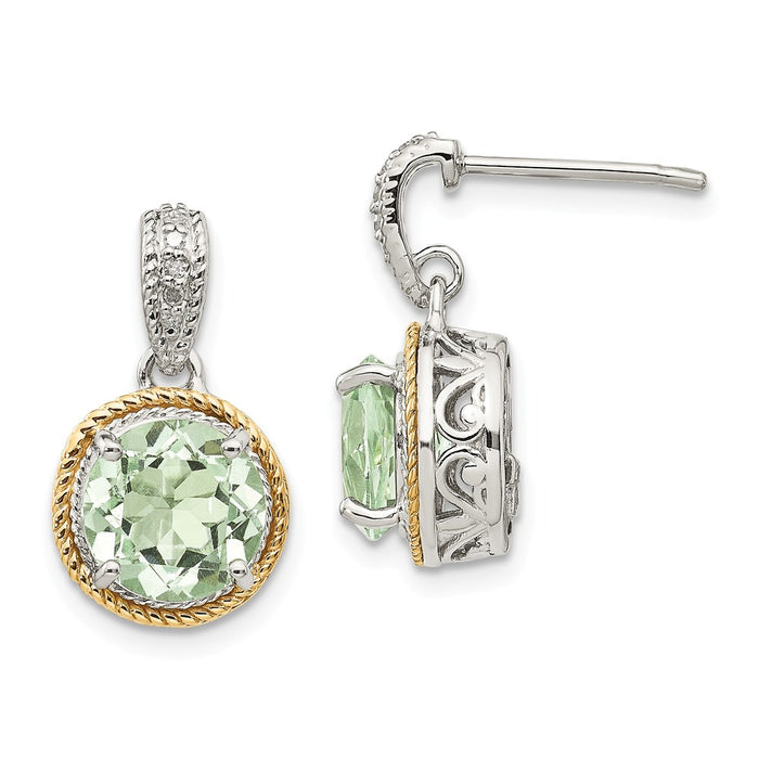 Sterling Silver with 14k Green Quartz & Diamond Post Dangle Earrings, 20mm x 12mm