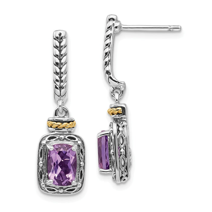 Sterling Silver with 14k Antiqued Amethyst Post Dangle Earrings, 27mm x 8mm