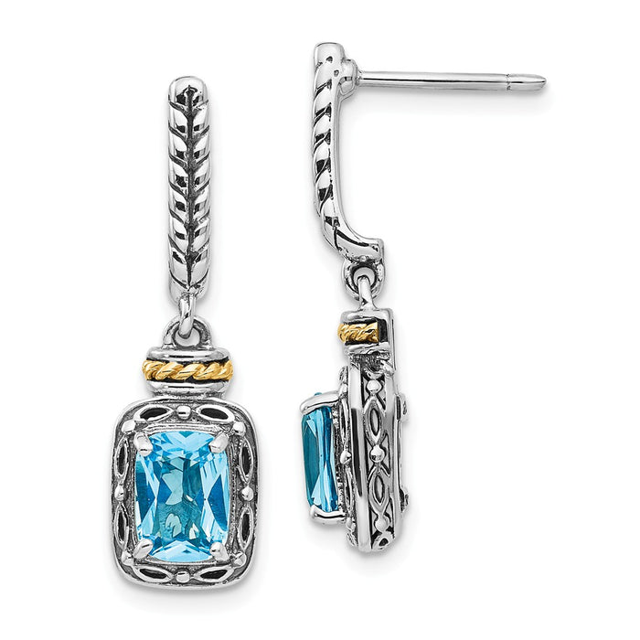 Sterling Silver with 14k Antiqued Blue Topaz Post Dangle Earrings, 26mm x 9mm