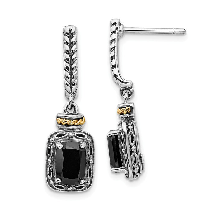 Sterling Silver with 14k Antiqued Onyx Post Dangle Earrings, 27mm x 8mm