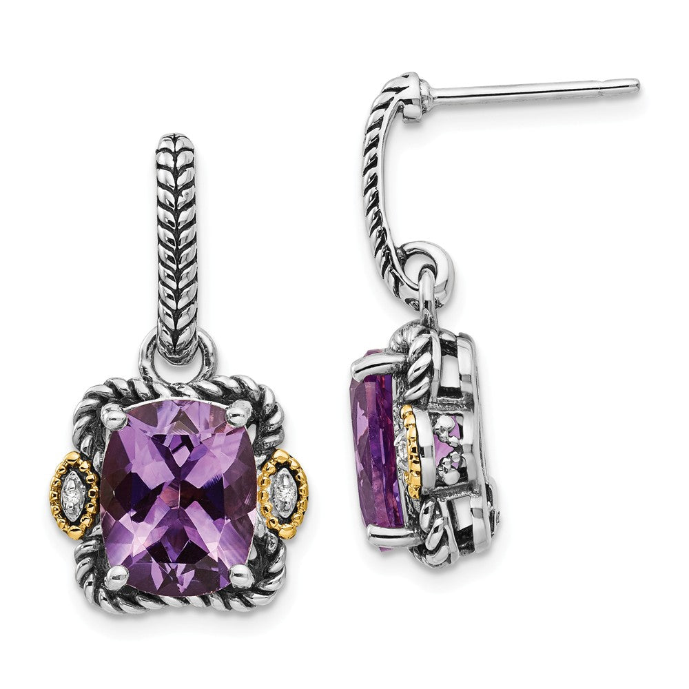 Sterling Silver with 14k Antiqued Amethyst and Diamond Post Earrings, 24mm x 14mm