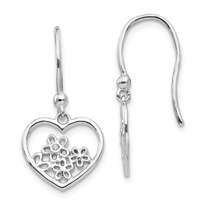 White Ice 925 Sterling Silver Heart Shaped with Flower Shepherd Hook Earrings, 24mm x 12mm