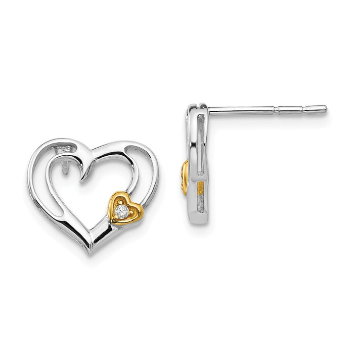 White Ice 925 Sterling Silver Diamond Gold-Tone Heart Earrings, 12mm x 12mm