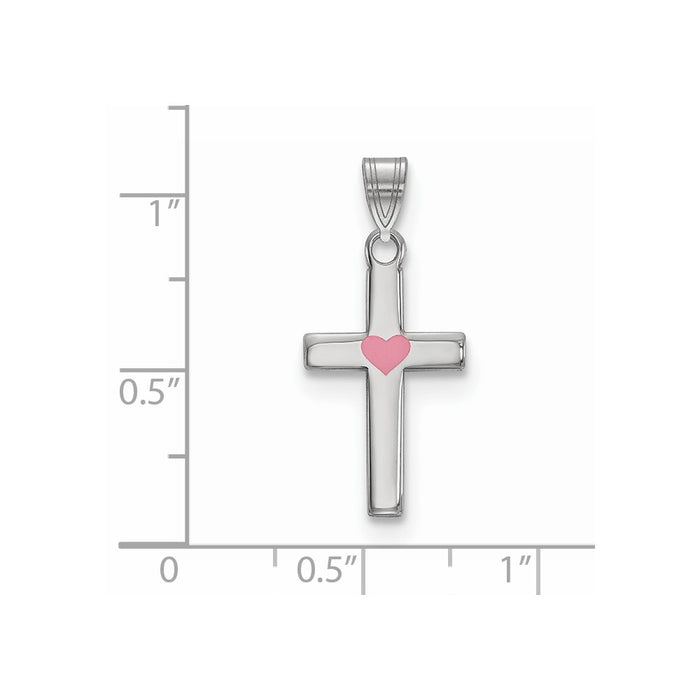Million Charms 925 Sterling Silver Rhodium-Plated Pink Enameled Heart Relgious Cross Charm