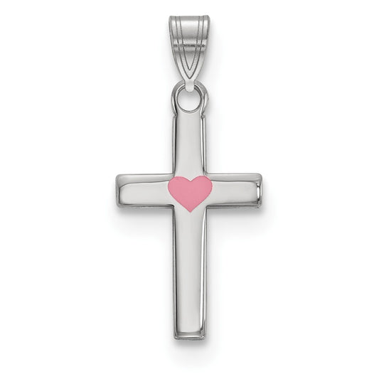 Million Charms 925 Sterling Silver Rhodium-Plated Pink Enameled Heart Relgious Cross Charm