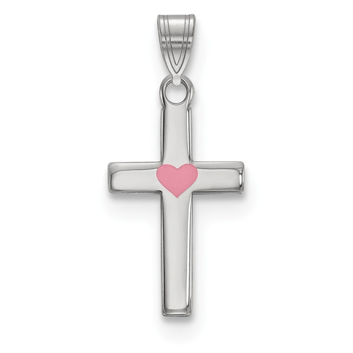 Million Charms 925 Sterling Silver Rhodium-Plated Pink Enameled Heart Relgious Cross Charm