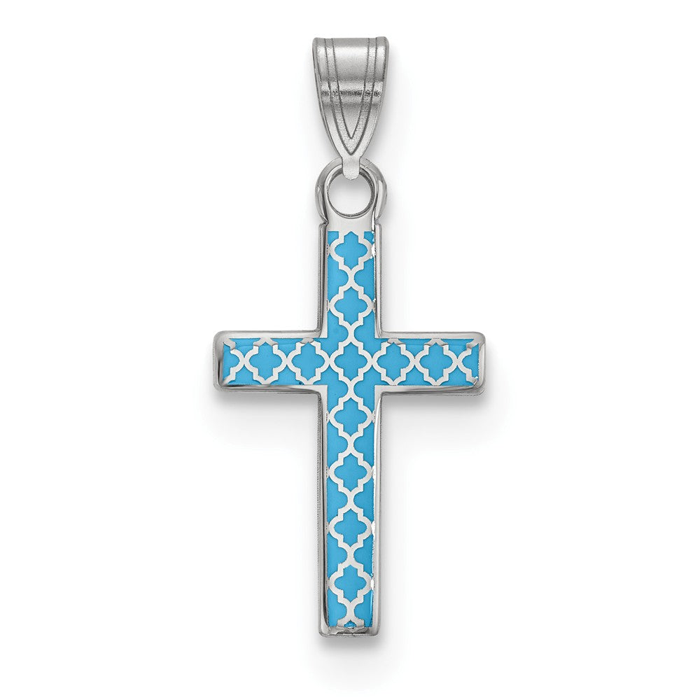 Million Charms 925 Sterling Silver Rhodium-Plated Blue Enameled Relgious Cross Hatch Relgious Cross Charm