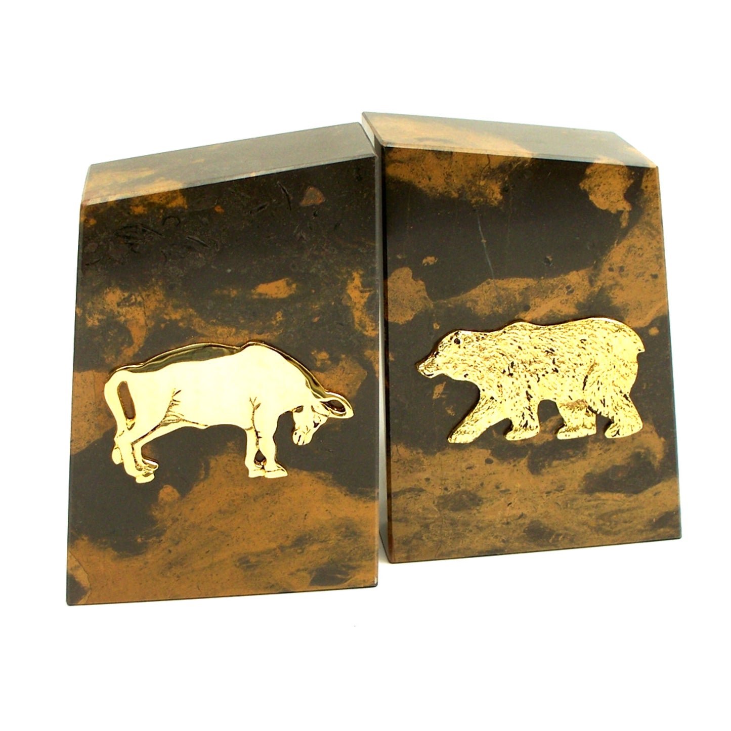 Occasion Gallery Brown/Gold Color "Tiger Eye" Marble Bookends with Gold Plated "Stock Market" Emblem. 4.5 L x 2 W x 6 H in.