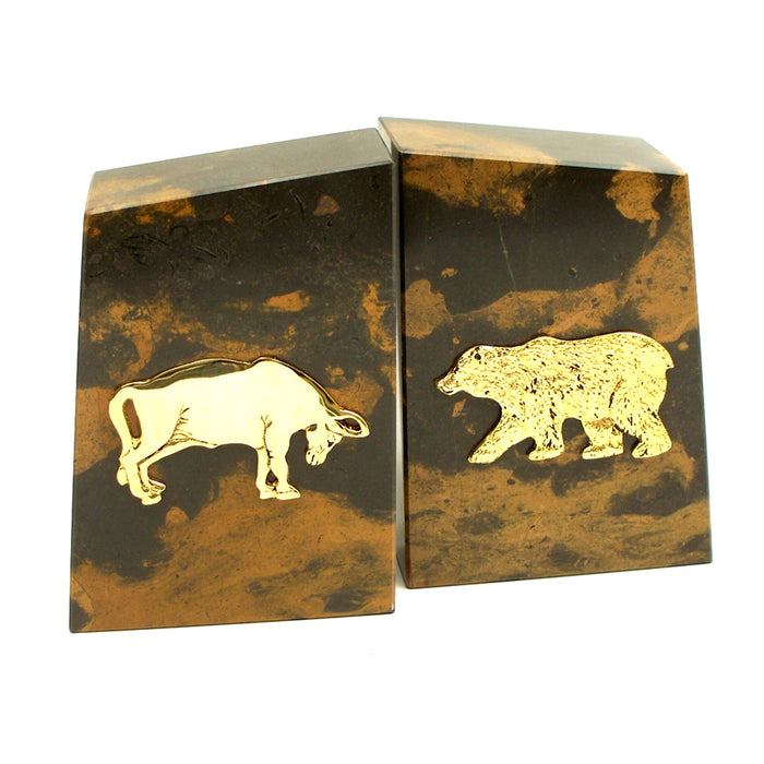 Occasion Gallery Brown/Gold Color "Tiger Eye" Marble Bookends with Gold Plated "Stock Market" Emblem. 4.5 L x 2 W x 6 H in.
