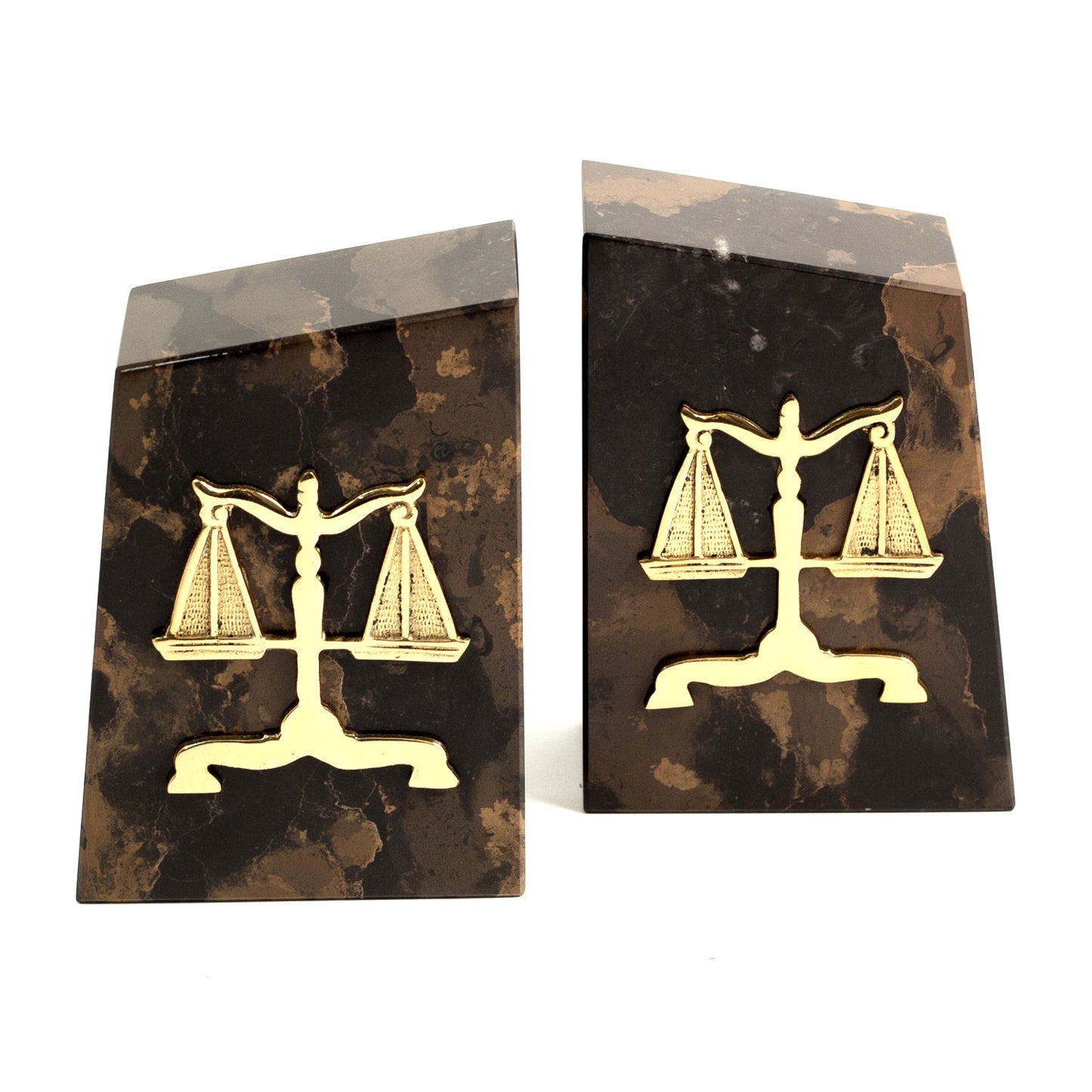 Occasion Gallery Brown/Gold Color Themis "Tiger Eye" Marble Bookends with Gold Plated "Legal" Emblem. 4.5 L x 2 W x 6 H in.