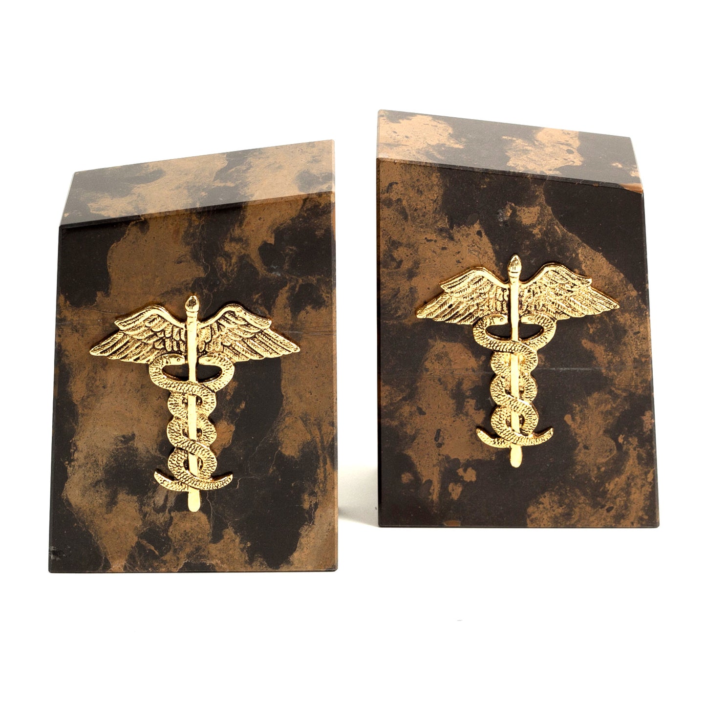 Occasion Gallery Brown/Gold Color Apollo "Tiger Eye" Marble Bookends with Gold Plated "Medical" Emblem. 4.5 L x 2 W x 6 H in.