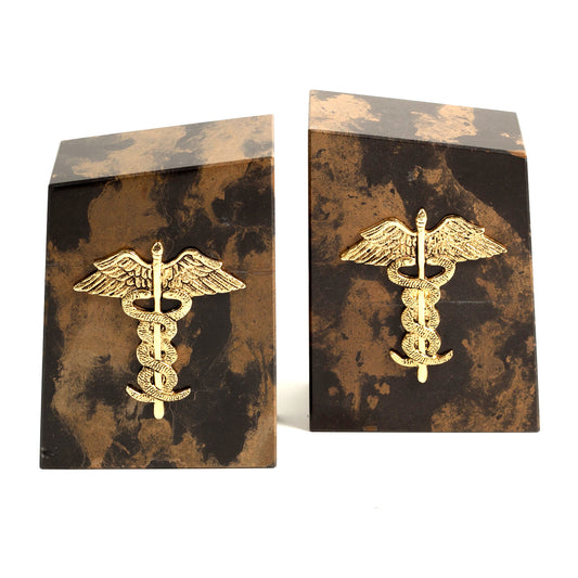 Occasion Gallery Brown/Gold Color Apollo "Tiger Eye" Marble Bookends with Gold Plated "Medical" Emblem. 4.5 L x 2 W x 6 H in.