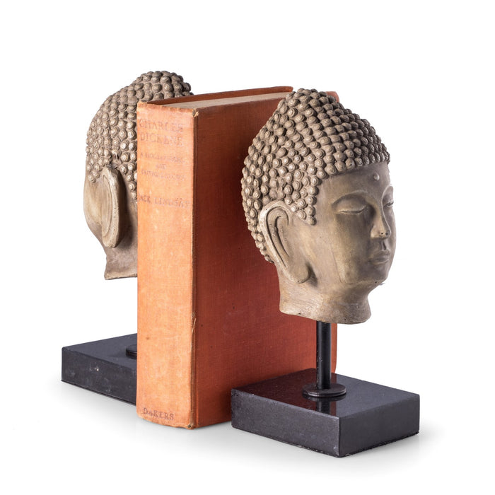 Occasion Gallery Gold Color Resin Cast "Buddha" Head Bookends On Marble Base. 4 L x 3 W x 9 H in.