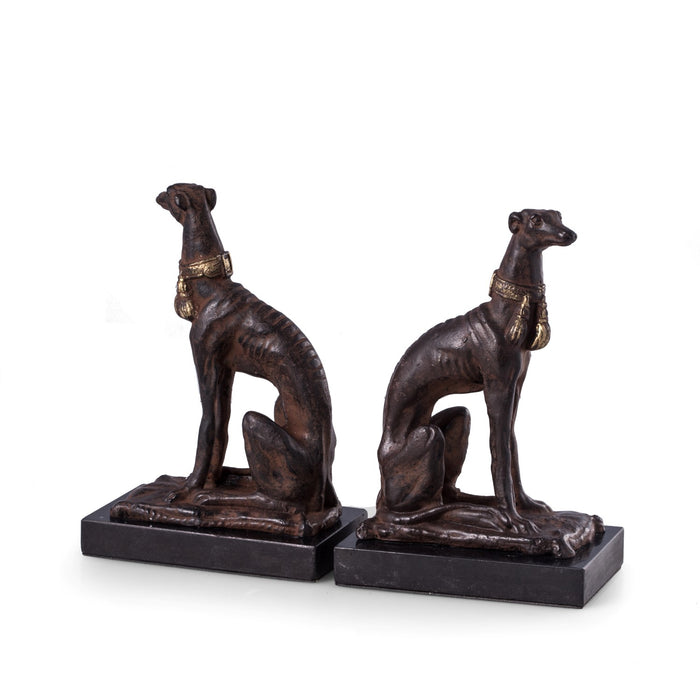 Occasion Gallery Bronze Color Cast Metal Whippet Bookends with a Patina Finish on Marble Base. 5 L x 3.25 W x 7.75 H in.