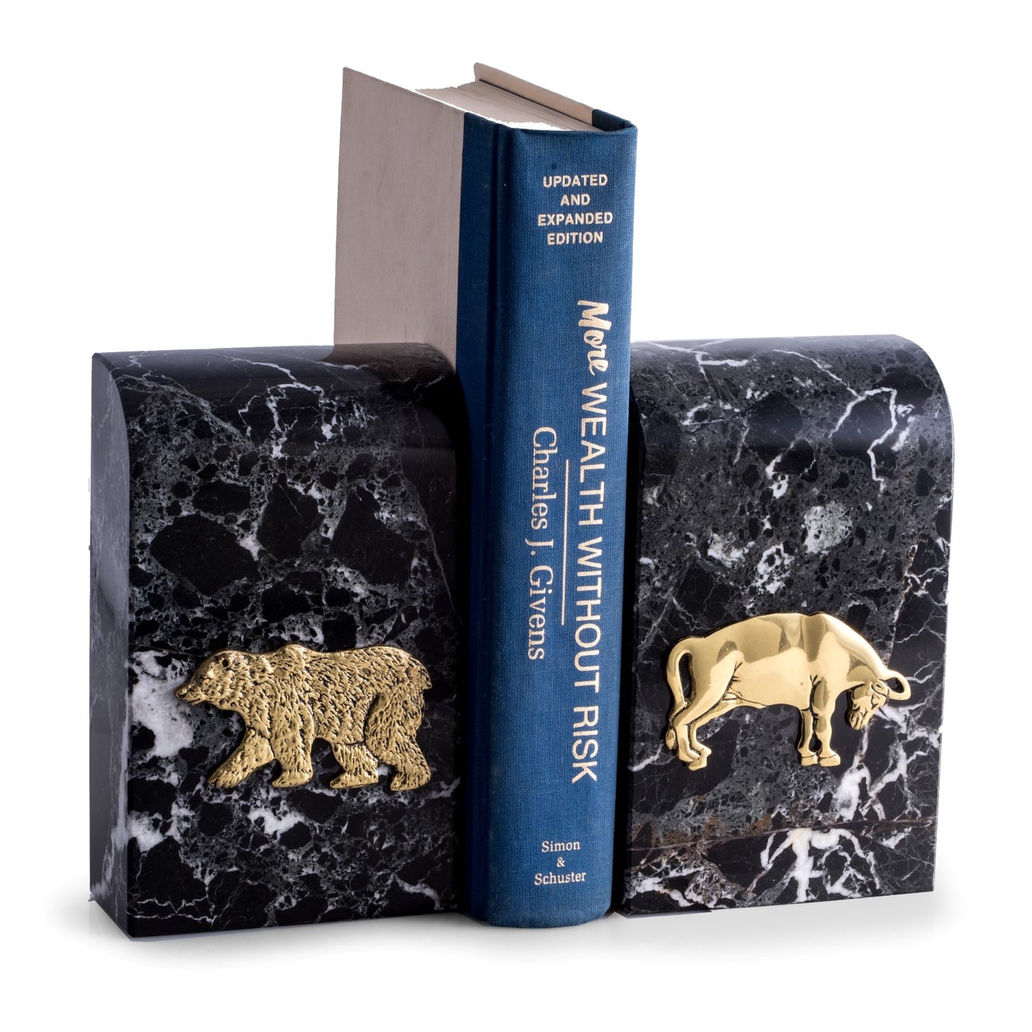 Occasion Gallery Hermes Black Zebra Marble/Gold Color Black "Zebra" Marble Bookends with Antique Gold Plated "Stock Market" Emblem. 4 L x 2 W x 6.5 H in.