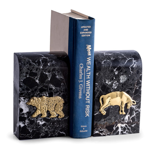Occasion Gallery Hermes Black Zebra Marble/Gold Color Black "Zebra" Marble Bookends with Antique Gold Plated "Stock Market" Emblem. 4 L x 2 W x 6.5 H in.