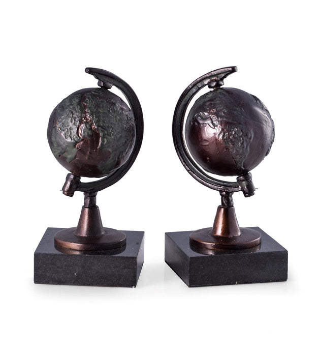 Occasion Gallery Bronze/Black Color Cast Metal Revolving Globe Bookends with Bronzed Finish on Black Marble Base. 3.85 L x 3.85 W x 8 H in.