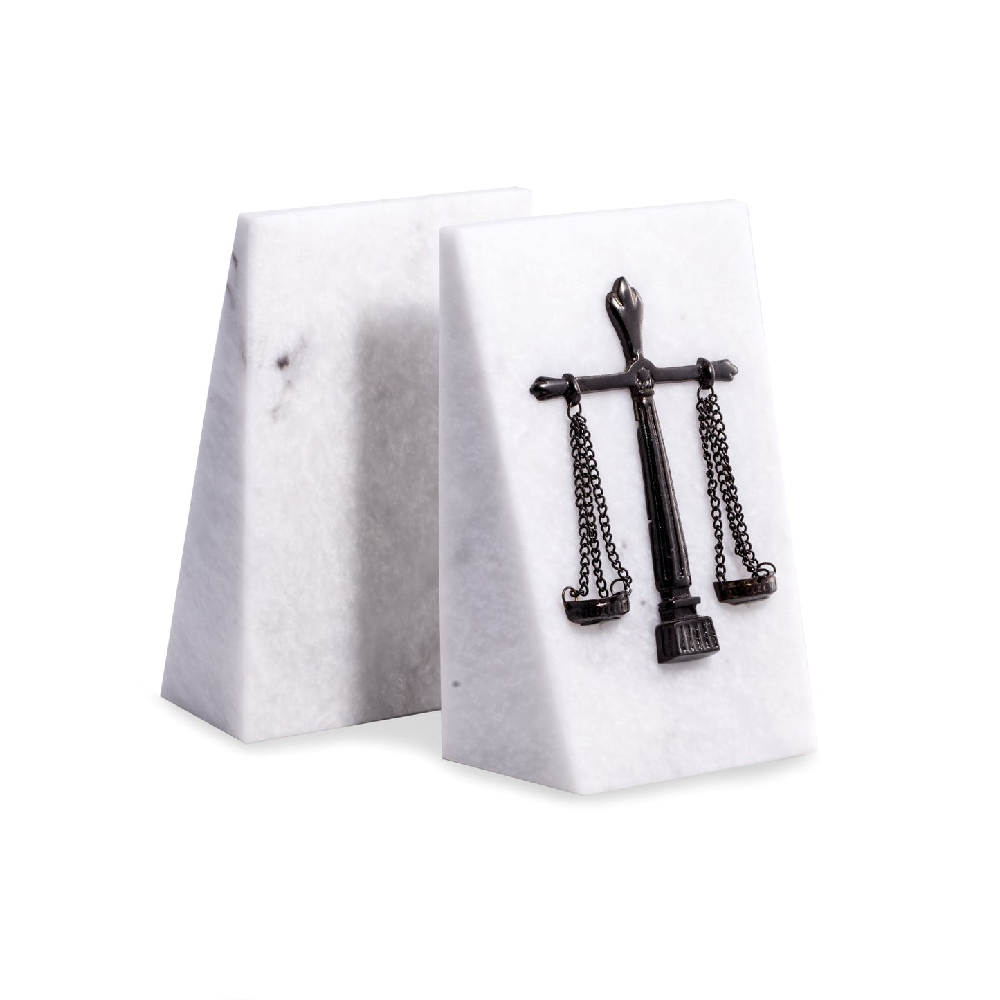 Occasion Gallery Themis White  Marble Bookends with Antique Silver Plated "Legal" Emblem. 5 L x 2.75 W x 7.5 H in.