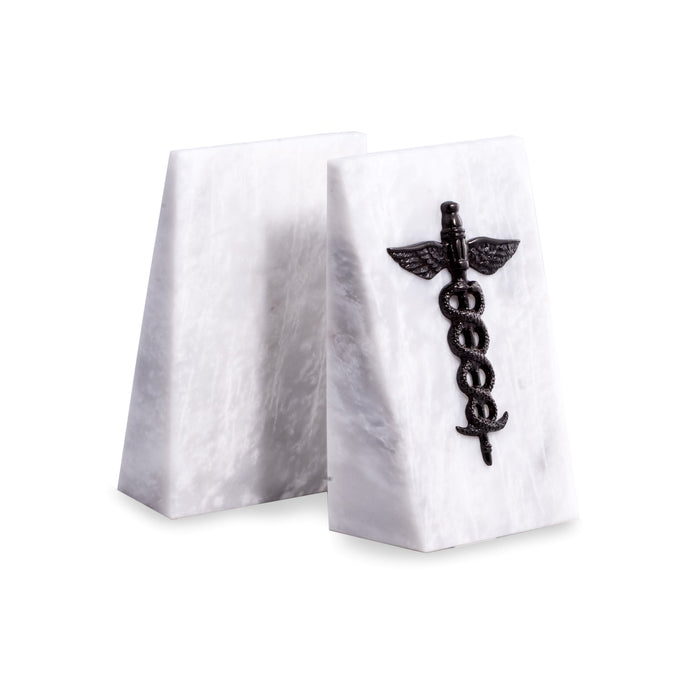 Occasion Gallery White Color White Marble Bookends with Antique Silver Plated "Medical" Emblem. 5 L x 2.75 W x 7.5 H in.
