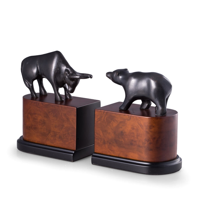 Occasion Gallery Burl/Black Color Cast Metal with Bronzed Finished Bull & Bear Bookends on a Burl and Black Wood Base.  5.75 L x 3.75 W x 7.5 H in.