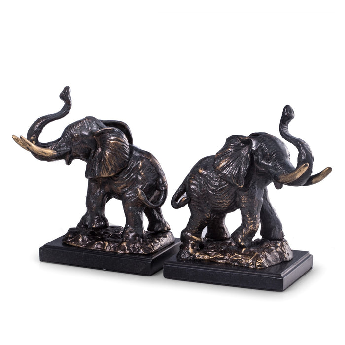 Occasion Gallery Bronze/Black Color Cast Metal Elephant Bookends with Bronzed Finish on Black Marble Base. 5.35 L x 4.15 W x 7 H in.