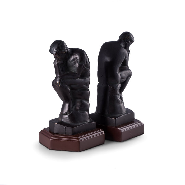 Occasion Gallery Black Color Cast Metal Thinker Bookends with Bronzed Finish on Wood Base. 3.75 L x 3.65 W x 7.75 H in.