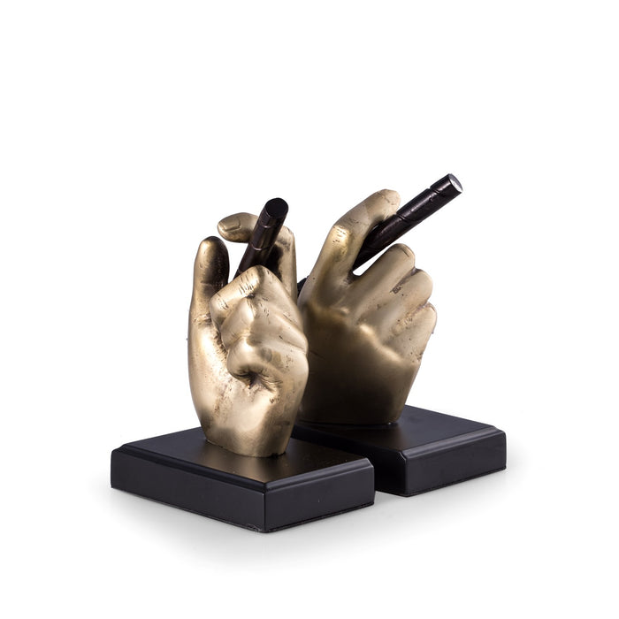 Occasion Gallery Gold Color Antique Brass Cigar in Hand Bookends on Black Wood Base. 3.5 L x 4.65 W x 8 H in.