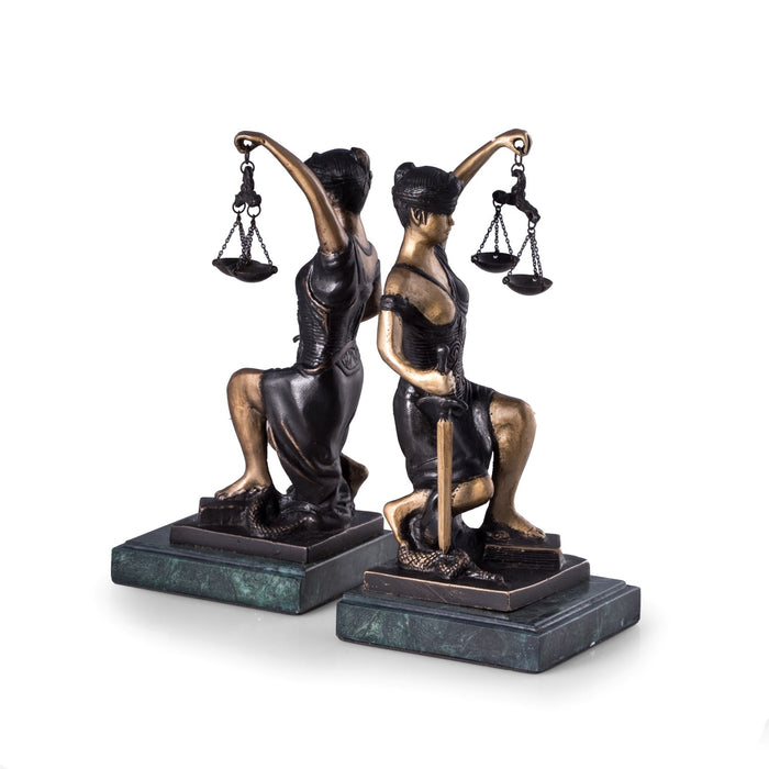 Occasion Gallery Bronze/Green Marble Color Bronze Kneeling Lady Justice Bookends on Green Marble Base. 4 L x 3.75 W x 8.5 H in.