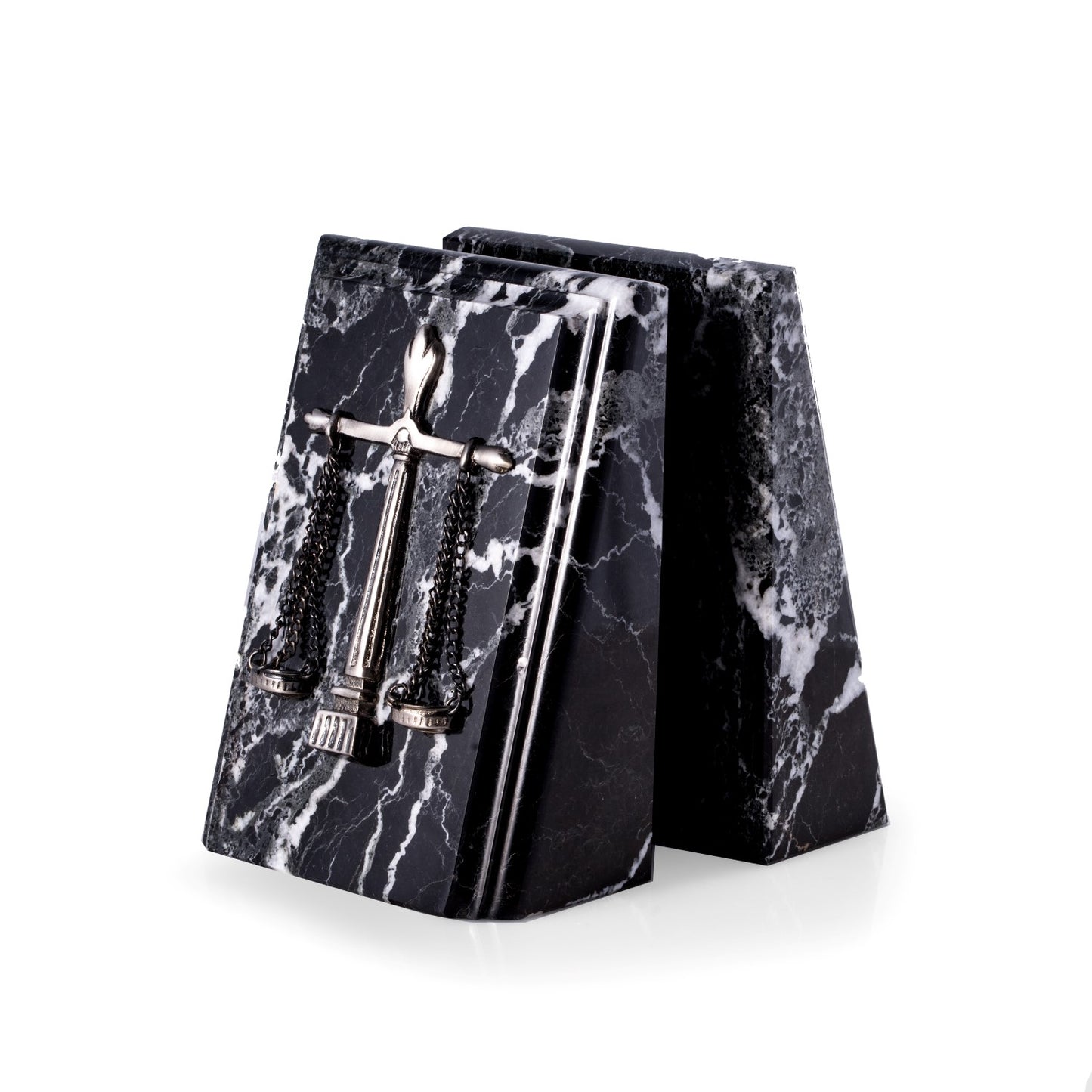 Occasion Gallery Black Themis Marble/Silver Color Beveled Black "Zebra" Marble Bookends with Antique Silver Plated "Legal" Emblem. 3.5 L x 4.5 W x 7.25 H in.
