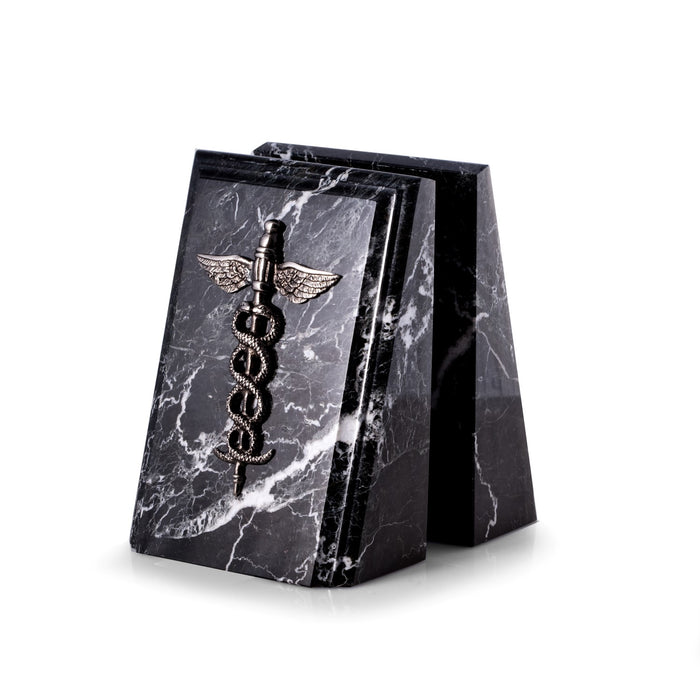 Occasion Gallery Black Zebra Marble/Silver Color Beveled Black "Zebra" Marble Bookends with Antique Silver Plated "Medical" Emblem. 3.5 L x 4.5 W x 7.25 H in.