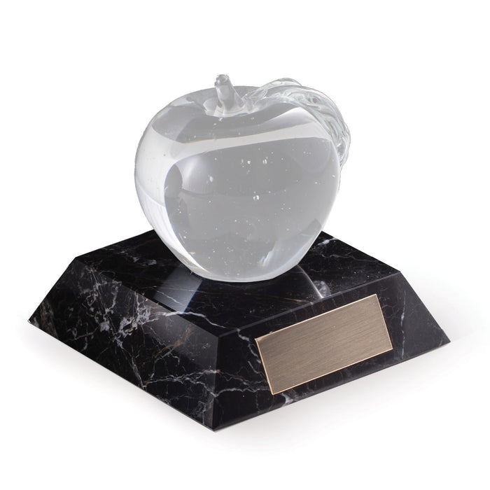 Occasion Gallery Black Zebra Marble Color Glass Apple Paperweight on Black "Zebra" Marble.  4 L x 4 W x 4 H in.