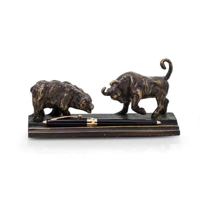 Occasion Gallery Black/Bronze Color Cast Metal Bull & Bear Double Pen Holder with Bronzed Finish. 7.5 L x 2.5 W x 3.5 H in.