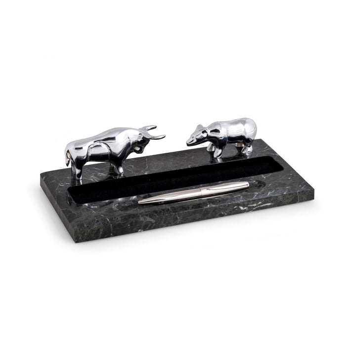 Occasion Gallery Black Zebra Marble/ Silver Color Black "Zebra" Marble Desk Top Pen Holder with Silver Plated Bull & Bear. 11 L x 5.25 W x 2.5 H in.