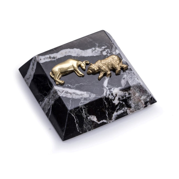 Occasion Gallery Black Zebra Marble/Gold Color Black "Zebra" Marble Paperweight with Antique Gold Plated "Stock Market" Emblem. 4 L x 4 W x 1 H in.