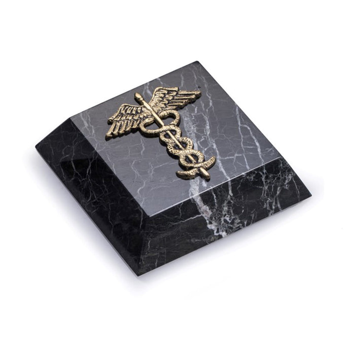Occasion Gallery Black Zebra Marble/Gold Color Black "Zebra" Marble Paperweight with Antique Gold Plated "Medical" Emblem. 4 L x 4 W x 1 H in.