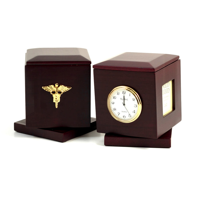 Occasion Gallery Rosewood Color "Dental", Rosewood Rotating Pen Box with Two 2"x2" Frames, Quartz Clock & Personalization 2"x2 1/4"  3.5 L x 3.5 W x 4.25 H in.