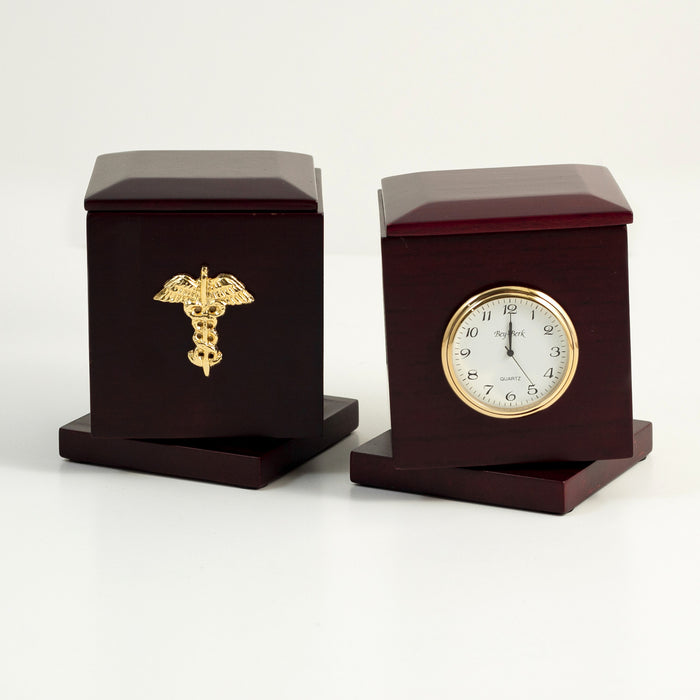 Occasion Gallery Rosewood Color "Medical", Rosewood Rotating Pen Box with Two 2"x2" Frames, Quartz Clock & Personalization 2"x2 1/4"  3.5 L x 3.5 W x 4.25 H in.