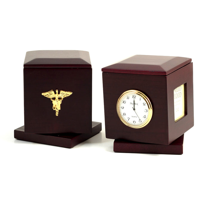 Occasion Gallery Rosewood Color "Nursing", Rosewood Rotating Pen Box with Two 2"x2" Frames, Quartz Clock & Personalization 2"x2 1/4"  3.5 L x 3.5 W x 4.25 H in.