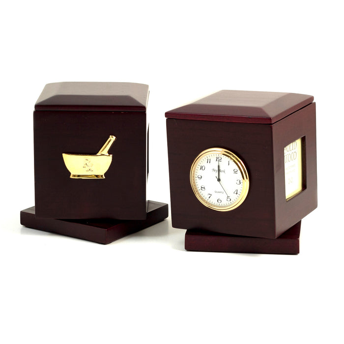 Occasion Gallery Rosewood Color "Pharmacy", Rosewood Rotating Pen Box with Two 2"x2" Frames, Quartz Clock & Personalization 2"x2 1/4"  3.5 L x 3.5 W x 4.25 H in.