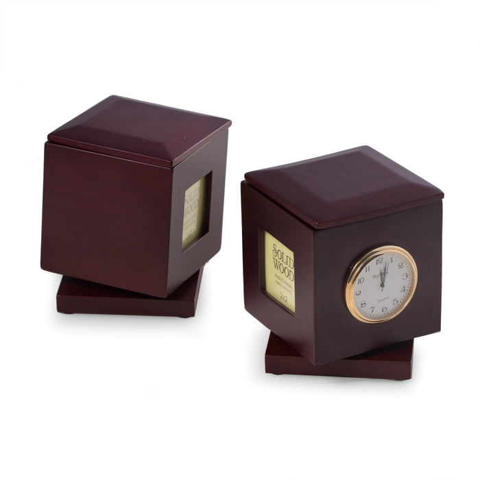 Occasion Gallery Rosewood Color Rosewood Rotating Pen Box with Two 2"x2" Frames, Quartz Clock & Personalization 2"x2 1/4" Brass Plate. 3.5 L x 3.5 W x 4.25 H in.