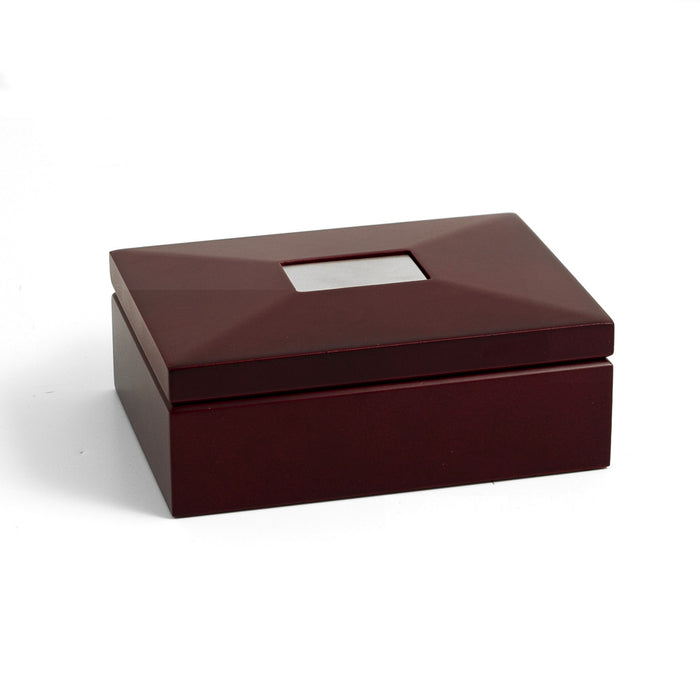 Occasion Gallery Mahogany  Color "Mahogany" Hinged Box with Removable Divider and 1"x2" Brushed Silver Engraving Plate. 6.5 L x 4.5 W x 2.5 H in.