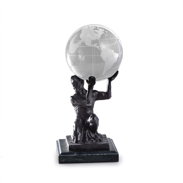 Occasion Gallery Green Marble/Bronze Color Cast Metal Atlas Ball Holder with Bronzed Finish on Green Marble Base. 4.35 L x 4.35 W x 6.25 H in.