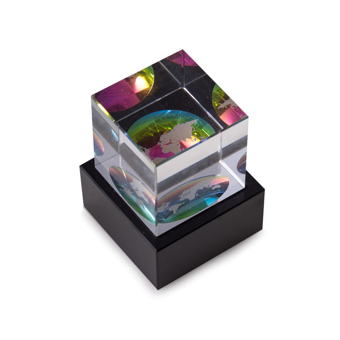 Occasion Gallery Clear Color Globe Etched Crystal Cube on Black Marble Base 2.25 L x 2.25 W x 3.15 H in.