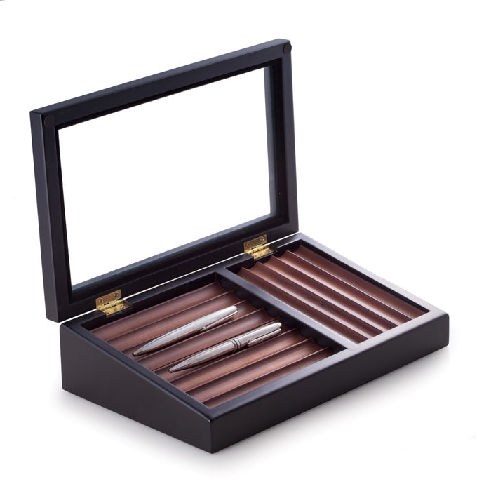 Occasion Gallery Black/Burgundy Color Black & Burgundy Wood Pen Box with Hinged Glass Top. Holds 13 Pens with Storage on Bottom. 12 L x 7 W x 3 H in.